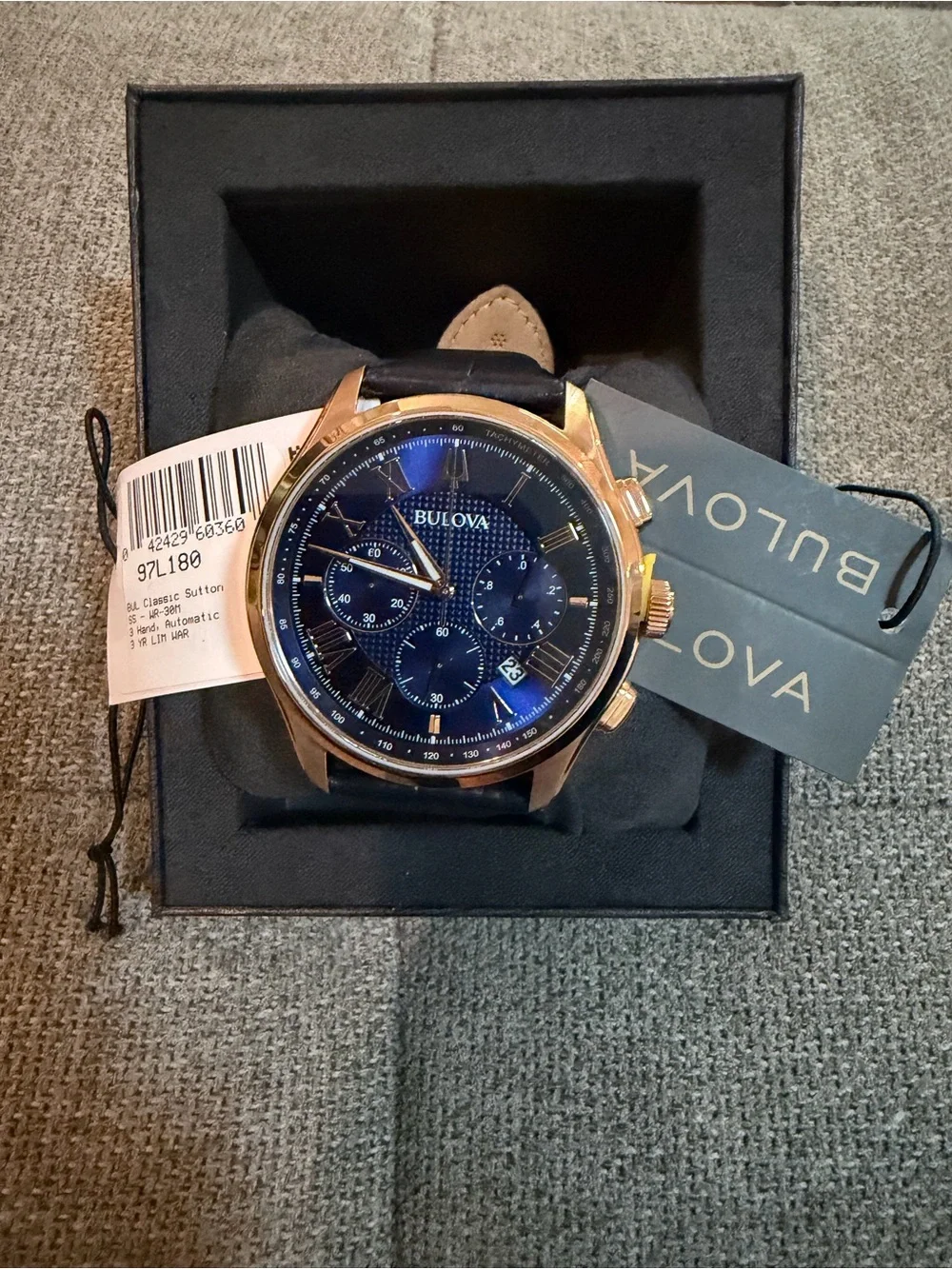 Bulova Rose Gold Case Blue Dial Chronograph with Black Strap